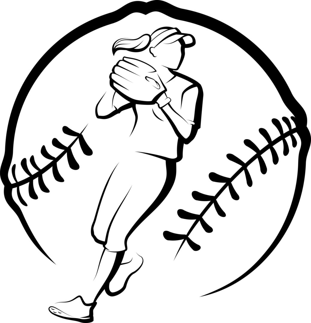 A stylized softball player getting ready to throw inside a stylized softball.